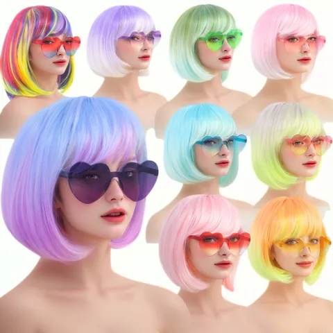 Parrucca Corta Bob Colorata Con Occhiali da Sole a Forma di Cuore Capelli Sintetici Sfumati Frangia Laterale Parrucca per Festa Per Donne