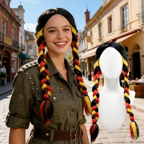 Synthetic Fiber Braided Wig World Cup National Flag Color Double Braids Party Performance Cosplay Hair Wig