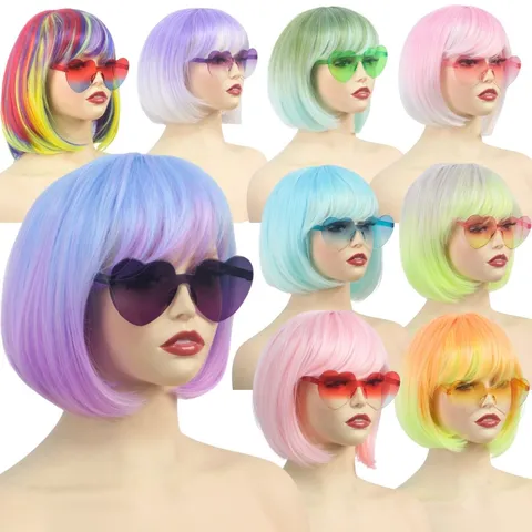 Parrucca Corta Bob Colorata Con Occhiali da Sole a Forma di Cuore Capelli Sintetici Sfumati Frangia Laterale Parrucca per Festa Per Donne