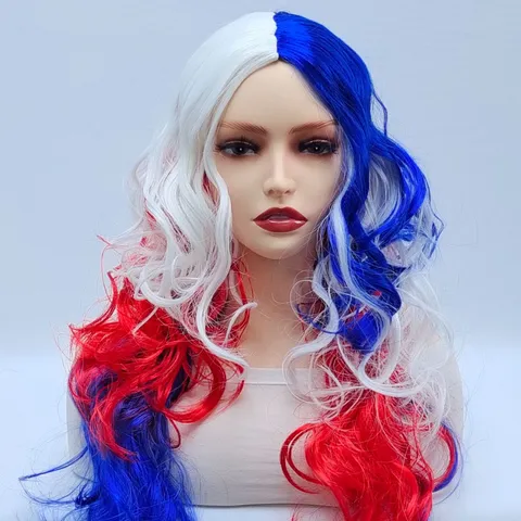 Parrucca Lunga Riccia Rosso Bianco Blu Blocco Di Colore Parrucche Sintetiche Per Festa Spettacolo Teatrale Donne Moda Capelli