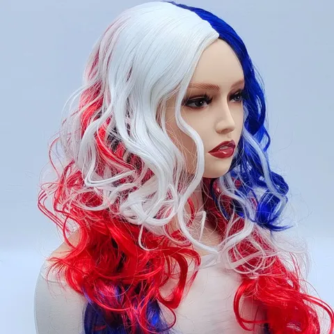 Parrucca Lunga Riccia Rosso Bianco Blu Blocco Di Colore Parrucche Sintetiche Per Festa Spettacolo Teatrale Donne Moda Capelli