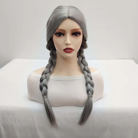 Women Grey Long Braided Wig Middle Part No Bangs High Temperature Synthetic Fiber Wig For Cosplay Daily Party Hair