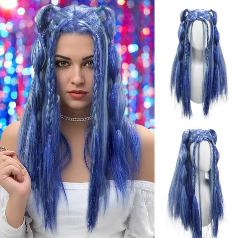 Synthetic Colorful Silver Wire Braid Long Straight Wig Ponytail Hair Extensions Festival Party Braiding Hair