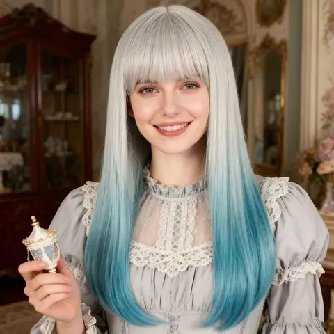 Lolita Lange Ste Sfeervolle Verloop Pruik Lichtgrijs Blauw Pony Synthetisch Haar Hoge Temperatuur Vezel Cosplay Feest Pruik
