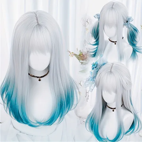 Lolita Lange Ste Sfeervolle Verloop Pruik Lichtgrijs Blauw Pony Synthetisch Haar Hoge Temperatuur Vezel Cosplay Feest Pruik