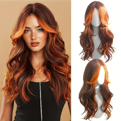 Moda Anime Arancione Parrucca Lunga Riccia Capelli Sintetici Resistenti al Calore Frangia Riga Centrale Parrucche Per Cosplay Festa Quotidiano Donne