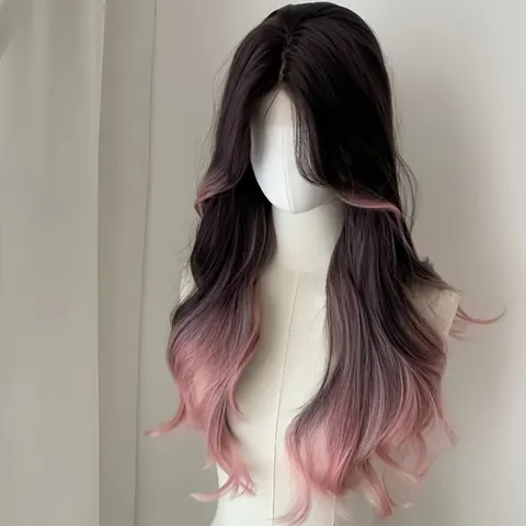Parrucca Lunga e Riccia da Donna Sfumata Mèches Rosa Fumo Grigio Parrucca Completa Riga in Mezzo In cornice Viso Capelli Sintetici