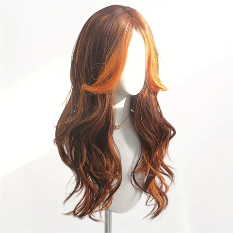 Moda Anime Arancione Parrucca Lunga Riccia Capelli Sintetici Resistenti al Calore Frangia Riga Centrale Parrucche Per Cosplay Festa Quotidiano Donne