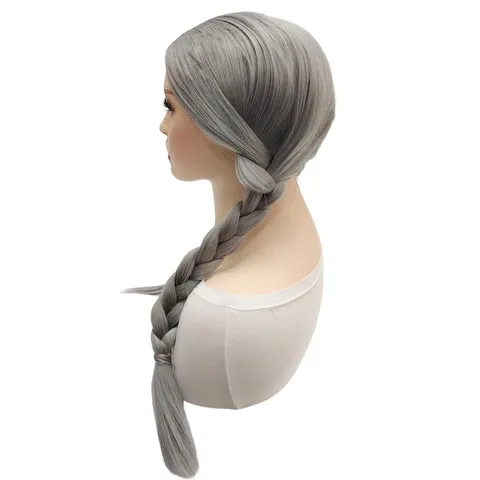 Women Grey Long Braided Wig Middle Part No Bangs High Temperature Synthetic Fiber Wig For Cosplay Daily Party Hair