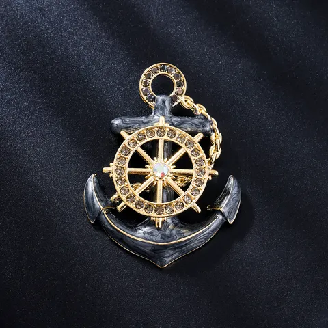 Vintage Zinc Alloy Electroplated Anchor Brooch Unisex Trendy Rhinestone Geometric Steering Wheel Chain Pin Jewelry Gift