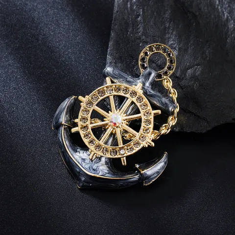 Vintage Zinc Alloy Electroplated Anchor Brooch Unisex Trendy Rhinestone Geometric Steering Wheel Chain Pin Jewelry Gift