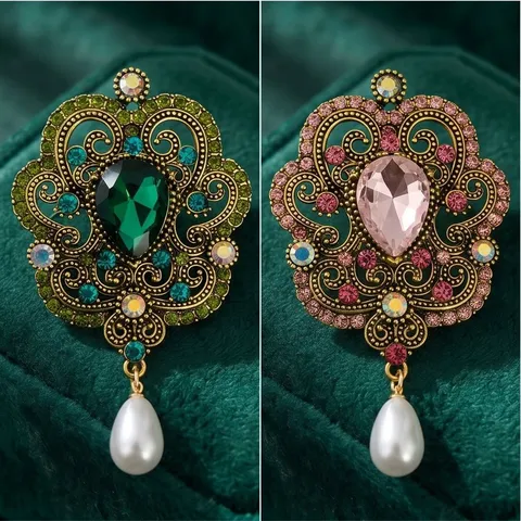 Vintage Baroque Palace Style Zinc Alloy Rhinestone Crown Brooch Elegant Oval Water Drop Artificial Pearl Pendant Clothing Pin For Women Accessories
