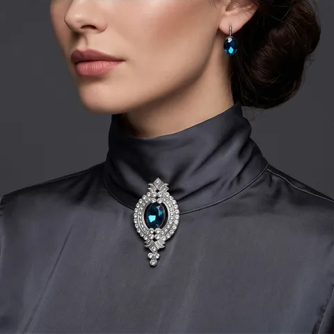 Vintage Zinc Alloy Oval Rhinestone Brooch For Women Luxury Blue Faux Gemstone Lapel Pin For Suit Coat Banquet Jewelry Gift