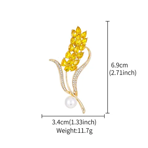 Elegant Zinc Alloy Wheat Ear Brooch Luxury Rhinestone Crystal Botanical Leaf Shape Pin Artificial Pearl Clothing Accessory For Women