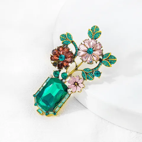 Vintage European Style Crystal Flower Vase Brooch Elegant Alloy Rhinestone Floral Pin For Women Wedding Banquet Party Apparel Jewelry