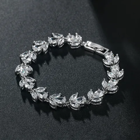 Elegantes Kupfer Strass Blatt Armband Glänzendes Tennis Kette Armband Für Braut Hochzeit Party Damen Schmuck