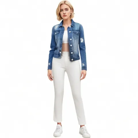 Women Casual Polyester Denim Cardigan Long Sleeve Square Neck Distressed Shirt Jacket Top