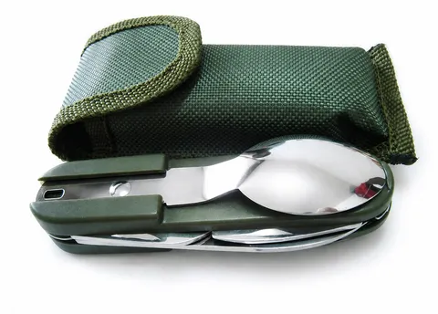 Outdoor Camping Faltbares Geschirr Edelstahl Multifunktional Messer Gabel Löffel Flaschenöffner Überlebenswerkzeug