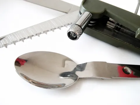 Multifunctional Camping Cutlery Stainless Steel Folding Pocket Knife Fork Spoon Tool with LED Light For Outdoor Survival