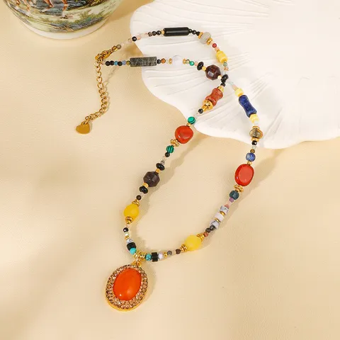 Bohemian Multicolor Beaded Double Layer Necklace For Women Copper Alloy Rhinestone Pendant Clasp Adjust Chain Necklaces Choker Statement Fashion Jewelry