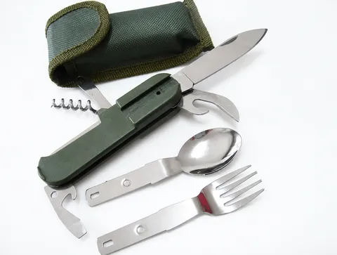 Outdoor Camping Faltbares Geschirr Edelstahl Multifunktional Messer Gabel Löffel Flaschenöffner Überlebenswerkzeug