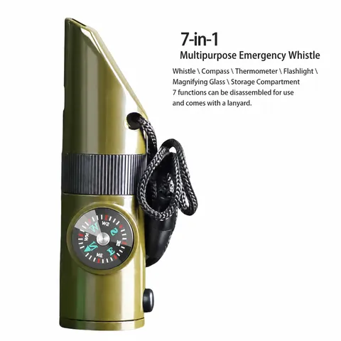 Multifunctional 7 in 1 Survival Whistle Outdoor Camping Hiking Emergency Whistle with Compass Thermometer LED Light and Lanyard