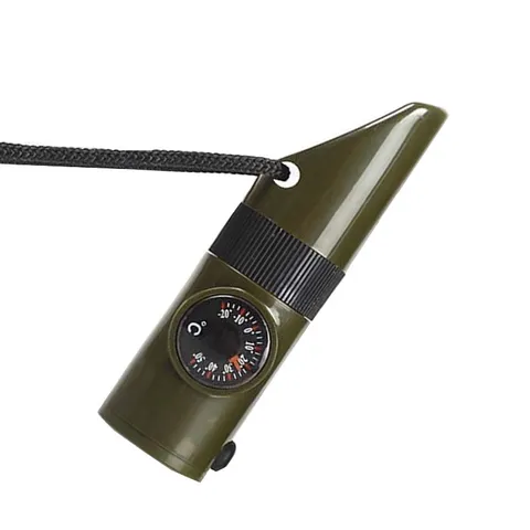 Multifunctional 7 in 1 Survival Whistle Outdoor Camping Hiking Emergency Whistle with Compass Thermometer LED Light and Lanyard