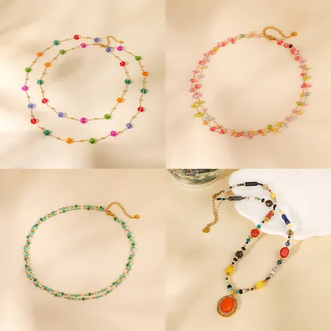 Bohemian Multicolor Beaded Double Layer Necklace For Women Copper Alloy Rhinestone Pendant Clasp Adjust Chain Necklaces Choker Statement Fashion Jewelry