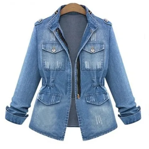 Women's Casual Denim Jacket Slim Fit Long Sleeve Stand Collar Distressed Washed Blue Outwear Fashion Streetwear Coat