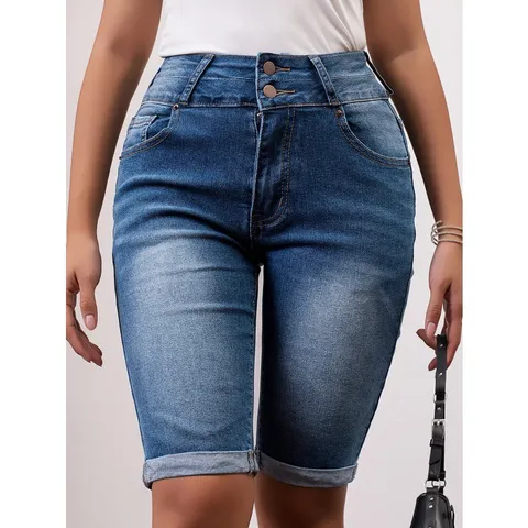 Women's Casual Slim Fit Denim Shorts Mid Waist Button Fly Blue Shorts