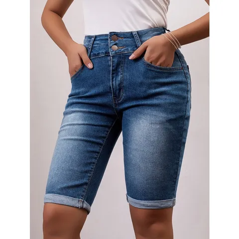 Women's Casual Slim Fit Denim Shorts Mid Waist Button Fly Blue Shorts