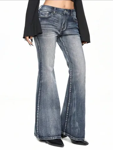 Damen Casual High Street Denim Jeans Retro Washed Slim Fit Stretch Schlaghose Mit Stickerei Taschendesign