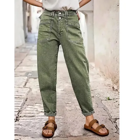 Pantalon en Denim Décontracté Grande Taille pour Femme Taille Haute Double Bouton Revers
