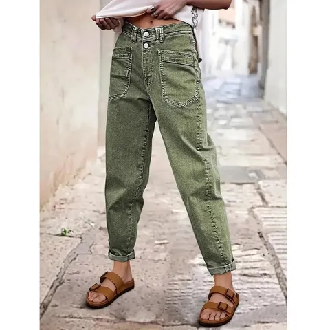 Pantalon en Denim Décontracté Grande Taille pour Femme Taille Haute Double Bouton Revers