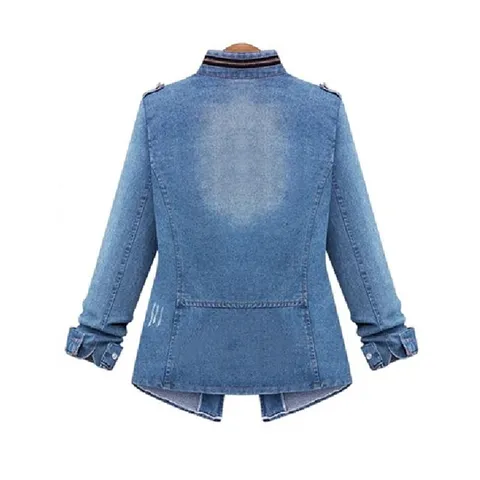 Women's Casual Denim Jacket Slim Fit Long Sleeve Stand Collar Distressed Washed Blue Outwear Fashion Streetwear Coat