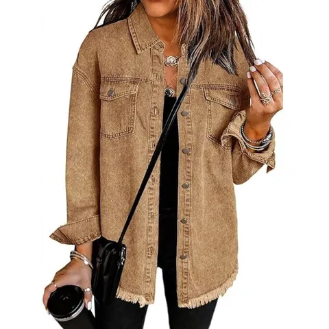 Women's Vintage Wash Denim Jacket Casual Long Sleeve Lapel Multi-Button Oversized Denim Coat Streetwear Fashion Outerwear