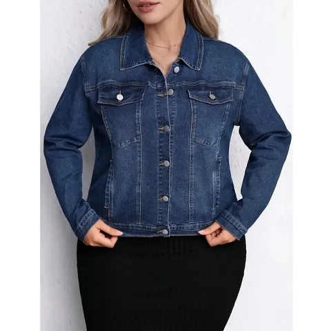 Veste en Jean Grande Taille pour Femmes Casual Revers Manches Longues Simple Boutonnage Mélange de Coton Lavé Manteau Veste