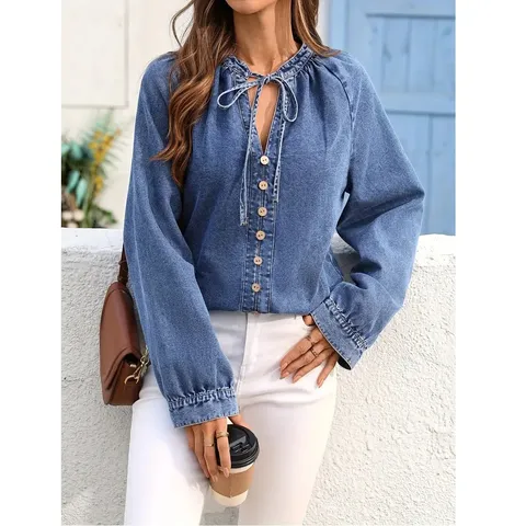 Veste en Denim Décontractée pour Femmes Coupe Ample Col V Manches Longues Détails Boutons Vêtement Extérieur Bleu Lavé Grande Taille