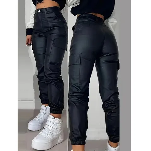 Pantalon en Faux Cuir pour Femmes Taille Haute Coupe Slim Cargo Pantalon en Cuir PU Casual Streetwear Skinny Long Pantalon
