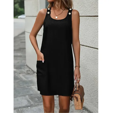 Summer Casual Black Sleeveless Vest Dress Women Loose A-Line Short Dress Cotton Blend Button Pocket Casual Sundress