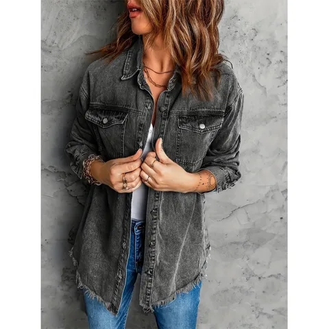 Veste en Denim Noire Lavée Décontractée pour Femme Coupe Ample Manches Longues Col Rabattu Poches Grande Taille