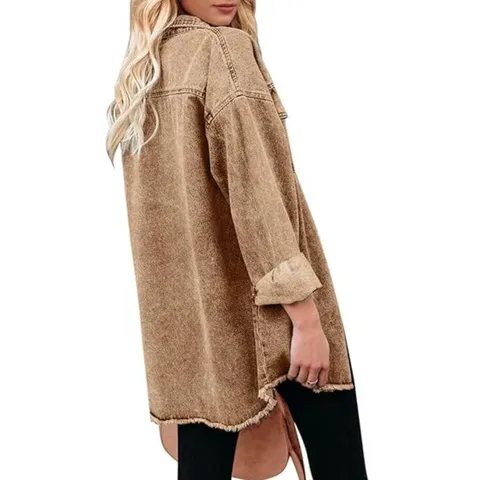 Women's Vintage Wash Denim Jacket Casual Long Sleeve Lapel Multi-Button Oversized Denim Coat Streetwear Fashion Outerwear