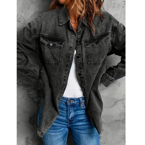 Veste en Denim Noire Lavée Décontractée pour Femme Coupe Ample Manches Longues Col Rabattu Poches Grande Taille