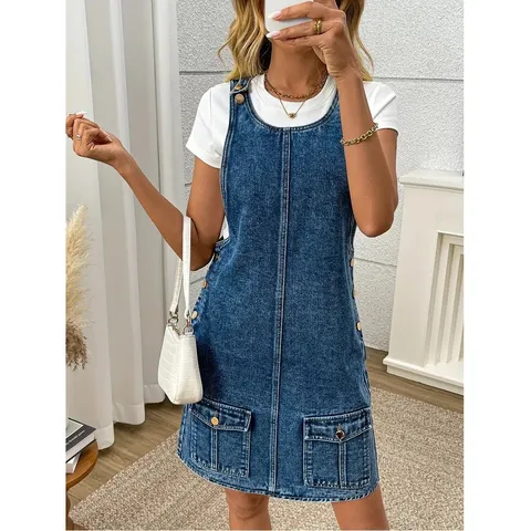 Women Casual Denim Suspender Dress Vintage Wash Loose Fit Sleeveless Midi Jumper Dress Pocket Design Streetwear Fashion