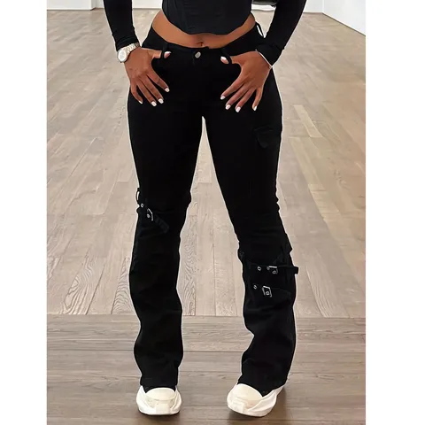 Vaqueros de Campana Negros de Talla Grande para Mujer Pantalón de Denim Elástico de Talle Alto Casual Moda Urbana