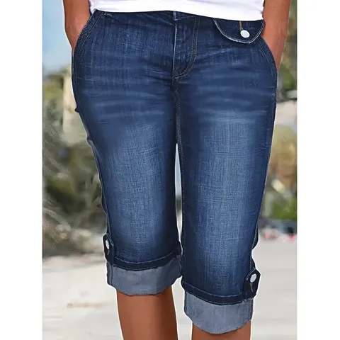 Femmes Grande Taille Stretch Slim Casual Ourlet Roulé Denim Capri Shorts Biker Jeans