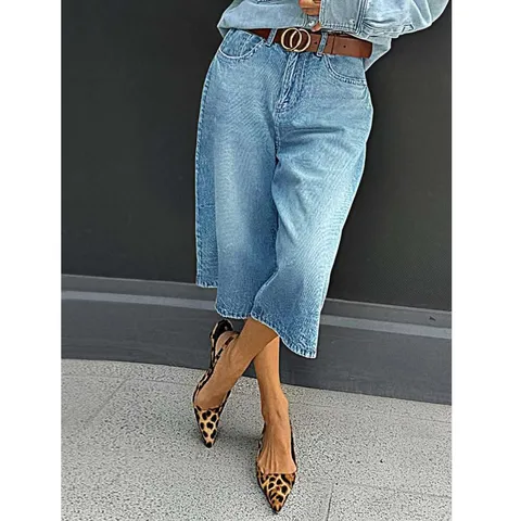 Pantacourt en Denim Taille Haute Jambe Droite Décontracté pour Femmes Grande Taille Jean Bleu Clair Bas en Mélange de Coton