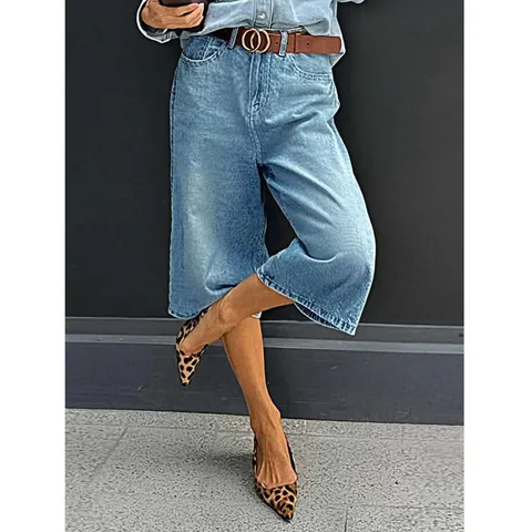 Pantacourt en Denim Taille Haute Jambe Droite Décontracté pour Femmes Grande Taille Jean Bleu Clair Bas en Mélange de Coton