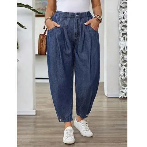 Pantalon en Denim Ample Décontracté pour Femmes Taille Haute Jogger à Revers Détail de Bouton Grande Taille Jeans Bleu Lavé