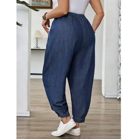 Pantalon en Denim Ample Décontracté pour Femmes Taille Haute Jogger à Revers Détail de Bouton Grande Taille Jeans Bleu Lavé